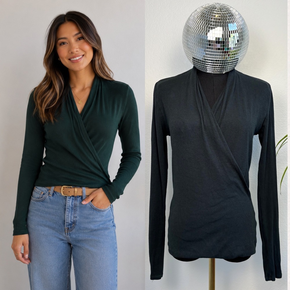 Bobi Los Angeles Ribbed Faux Wrap Long Sleeve Top Forest‎ | Green Small Earthy